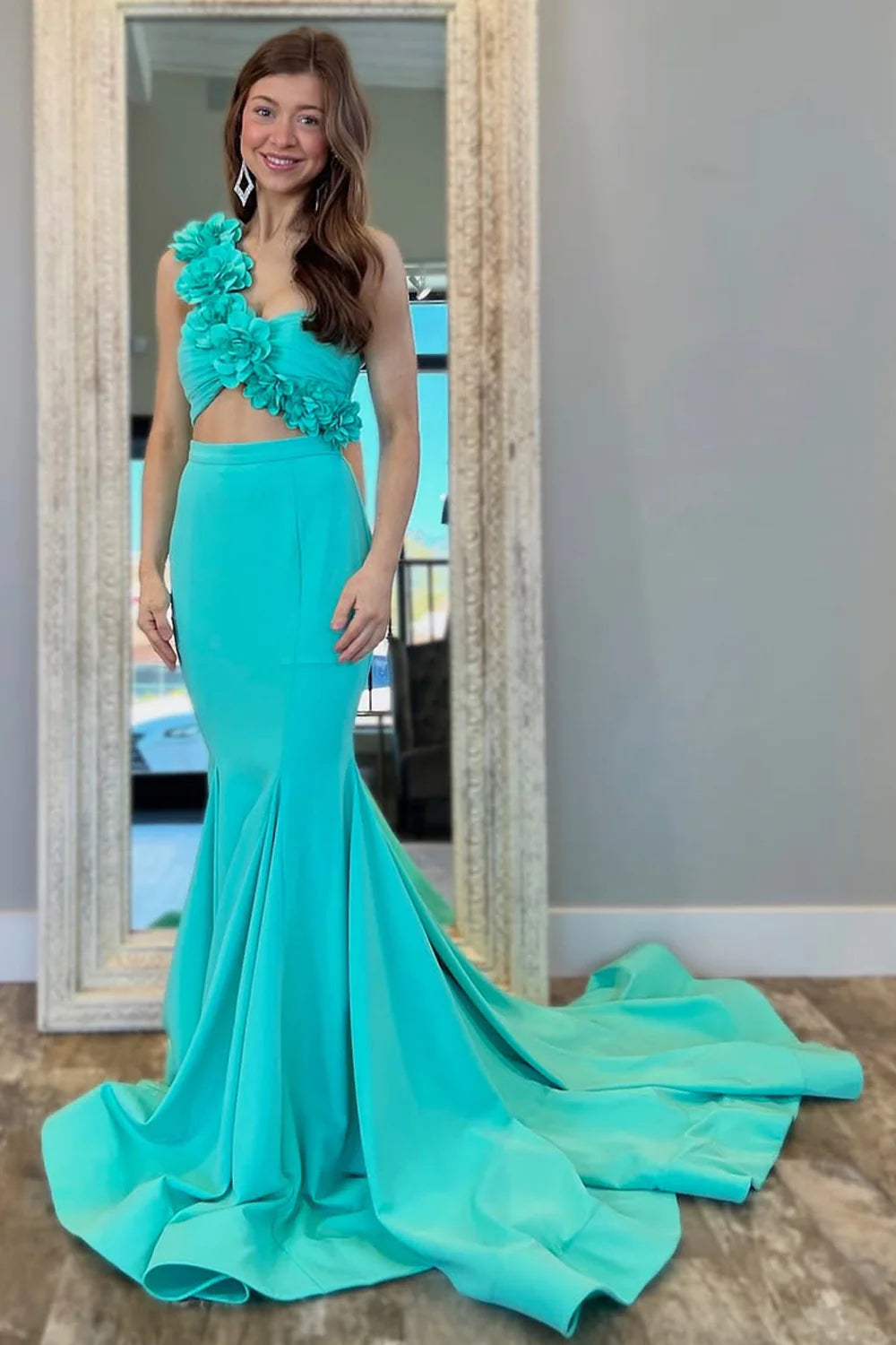 3D Floral Aqua Mermaid One Shoulder Cutout Waist Prom Dress AD719