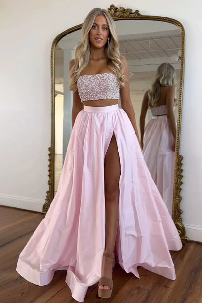 Cute Pink Strapless Beaded Top Long Satin Prom Dress With Slit AD720