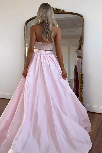 Cute Pink Strapless Beaded Top Long Satin Prom Dress With Slit AD720