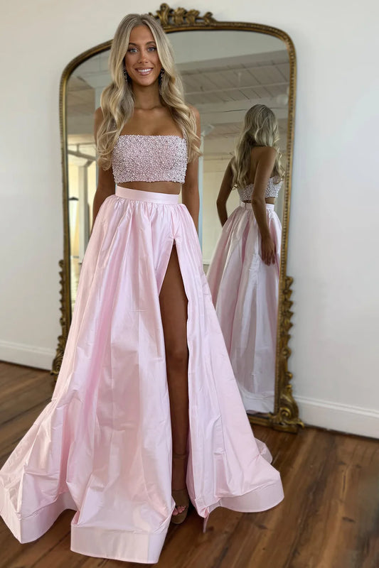 Cute Pink Strapless Beaded Top Long Satin Prom Dress With Slit AD720
