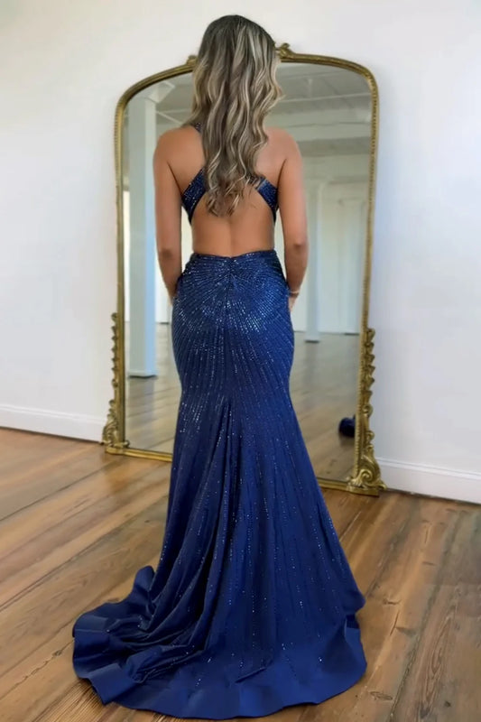 Navy Blue Mermaid Deep V Cross Back Gown With Beading And Slit Prom Dress AD721