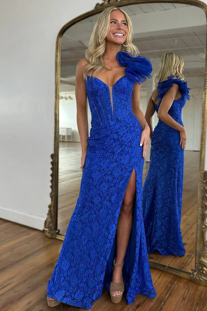 Royal Blue Glitter One Shoulder Mermaid Gown With Lace 3D Flower And Slit Prom Dress AD722