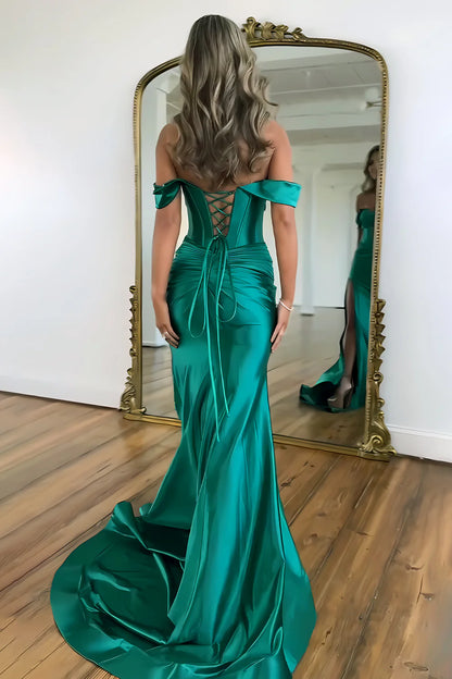 Mermaid Off The Shoulder Long Satin Gown With Slit Detail Prom Dress AD723