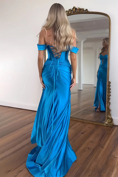 Mermaid Off The Shoulder Long Satin Gown With Slit Detail Prom Dress AD723