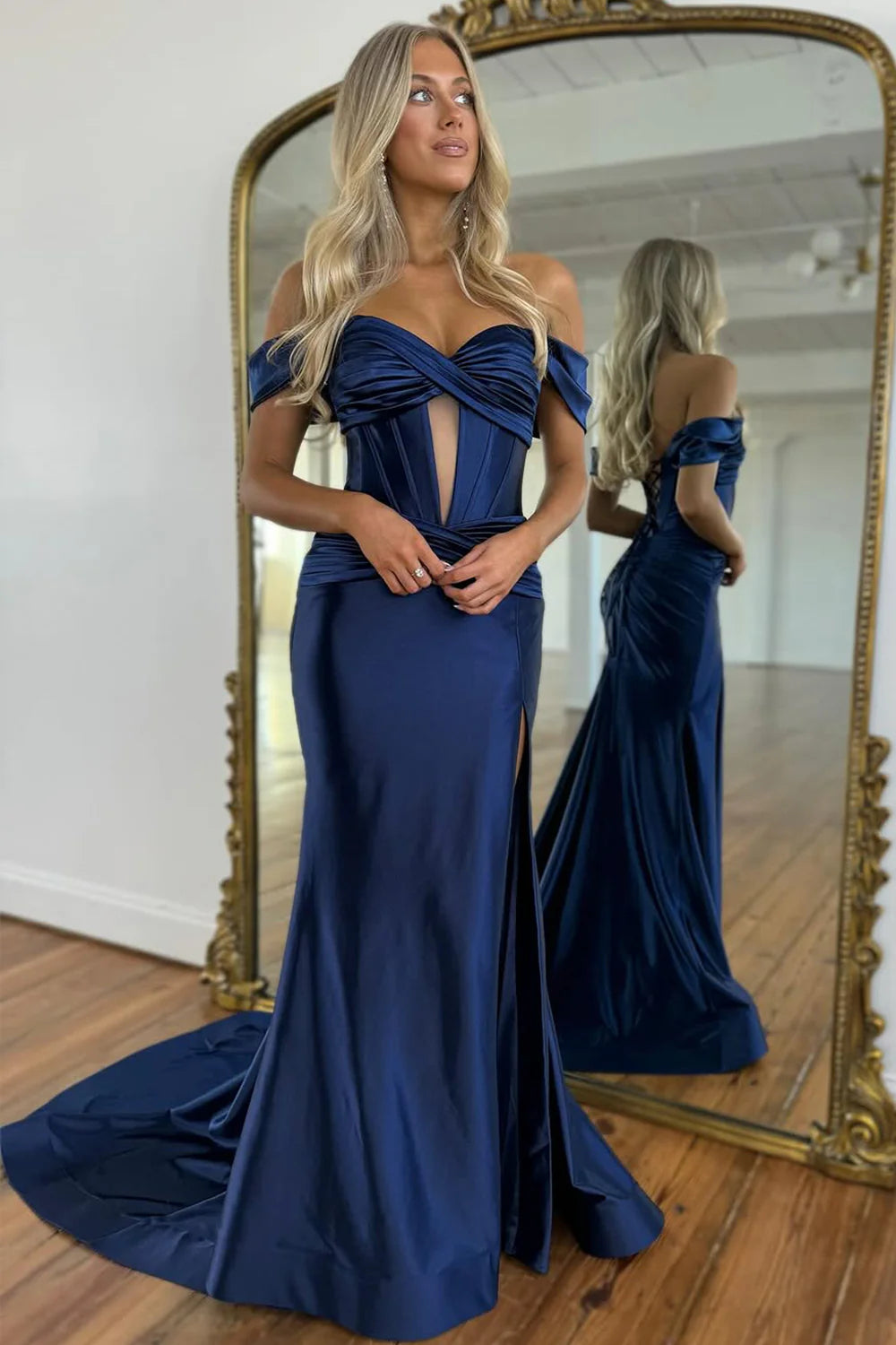 Mermaid Off The Shoulder Long Satin Gown With Slit Detail Prom Dress AD723