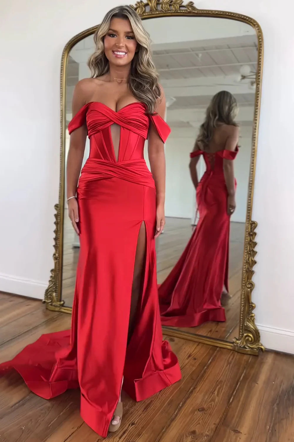 Mermaid Off The Shoulder Long Satin Gown With Slit Detail Prom Dress AD723