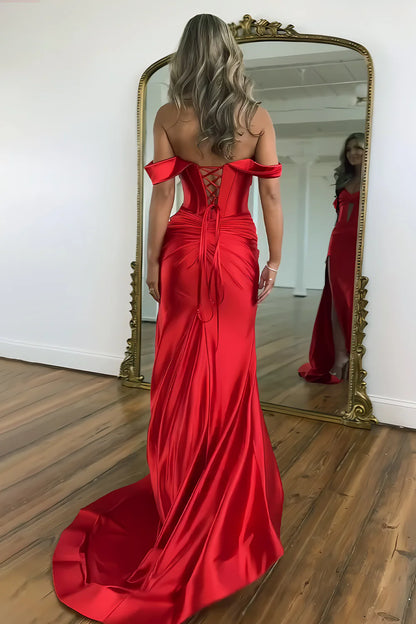 Mermaid Off The Shoulder Long Satin Gown With Slit Detail Prom Dress AD723