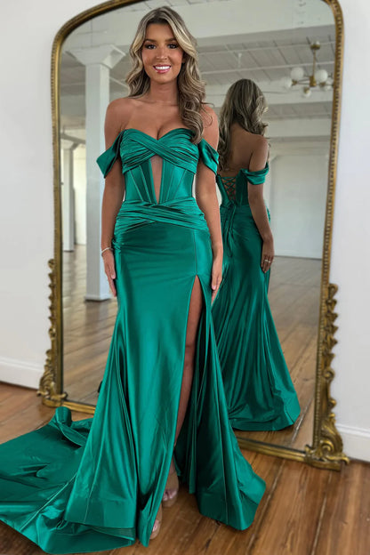 Mermaid Off The Shoulder Long Satin Gown With Slit Detail Prom Dress AD723