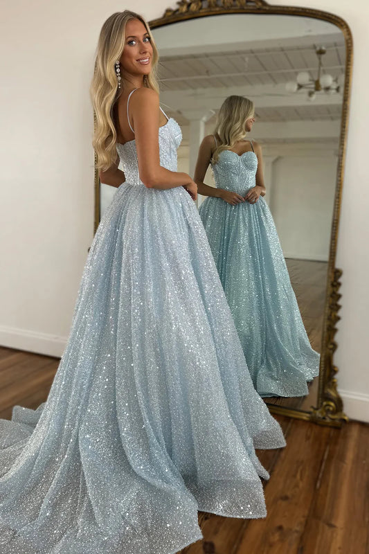 Light Blue Glitter Floor-Length Gown With Spaghetti Straps Prom Dress AD725