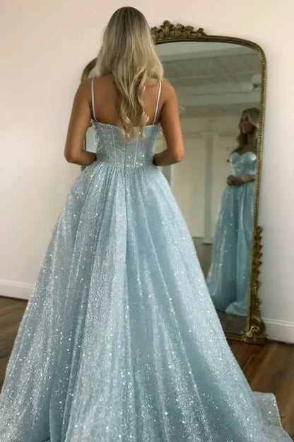 Light Blue Glitter Floor-Length Gown With Spaghetti Straps Prom Dress AD725