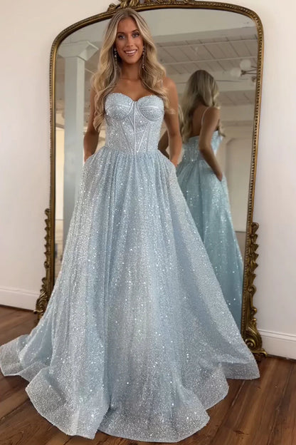 Light Blue Glitter Floor-Length Gown With Spaghetti Straps Prom Dress AD725