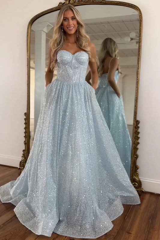 Light Blue Glitter Floor-Length Gown With Spaghetti Straps Prom Dress AD725