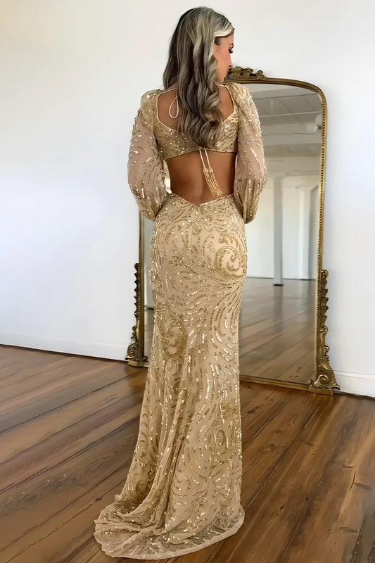 Sparkly Mermaid V-Neck Sequin Long Prom Dress With Long Sleeves AD726
