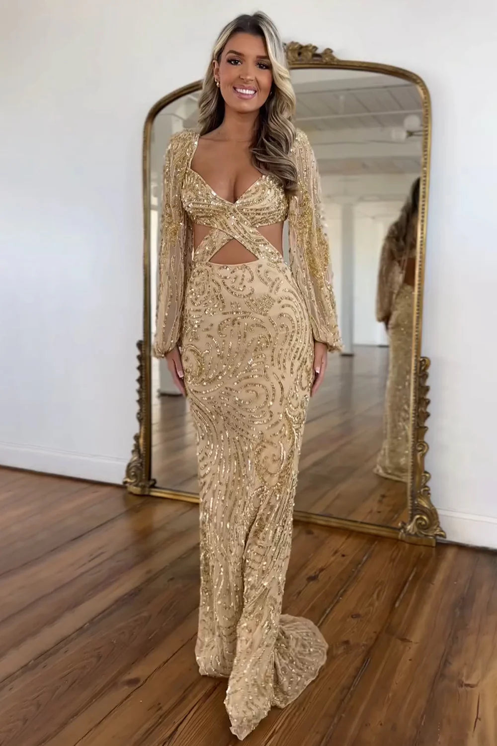 Sparkly Mermaid V-Neck Sequin Long Prom Dress With Long Sleeves AD726