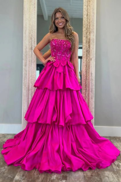 Fuchsia Strapless Layered Satin A-Line Prom Dress With Glitter Bodice And Bowknot AD727