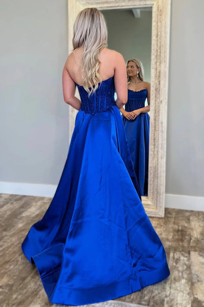 Royal Blue Satin Gown With Strapless Glitter Bodice A-Line Silhouette Prom Dress AD728