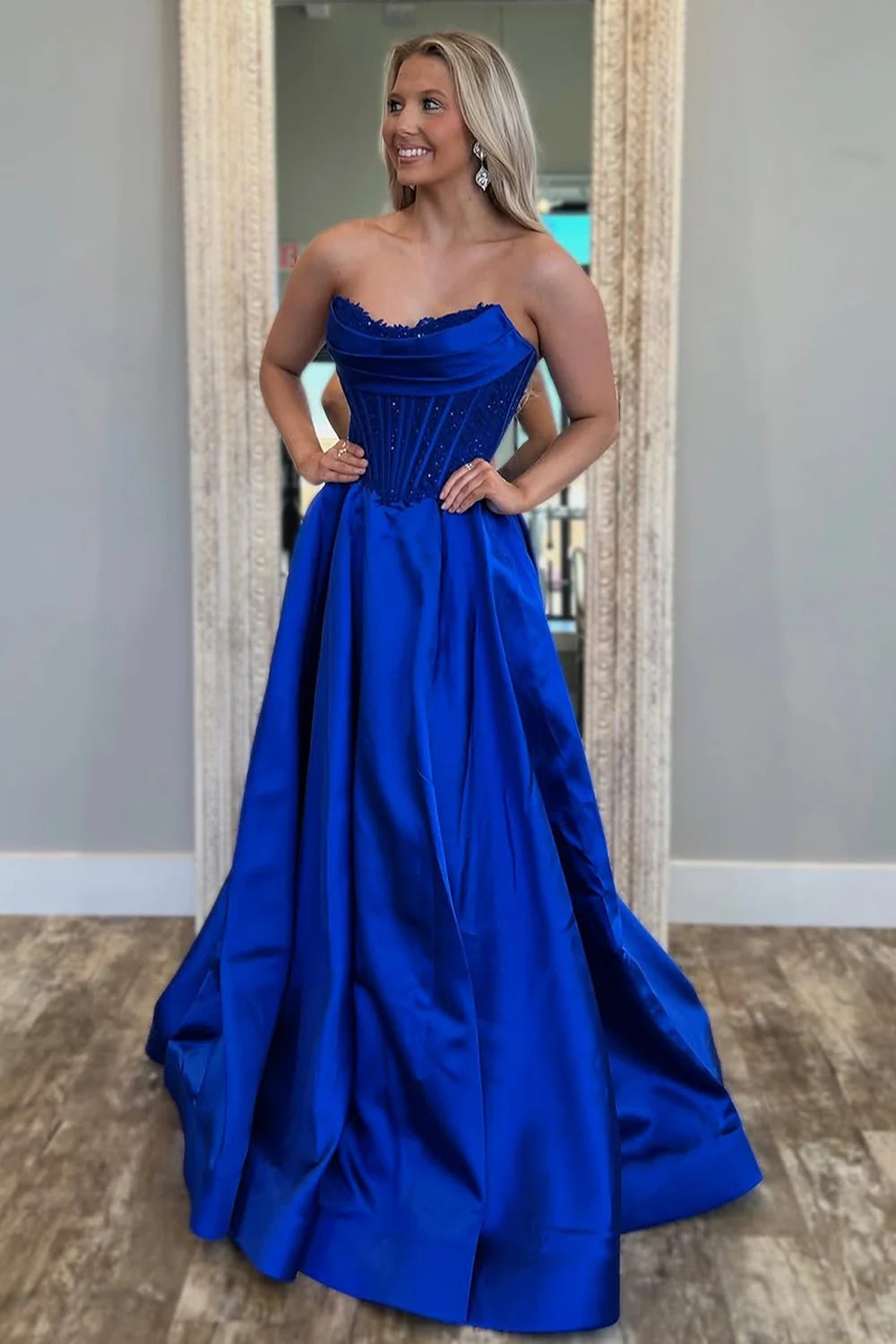 Royal Blue Satin Gown With Strapless Glitter Bodice A-Line Silhouette Prom Dress AD728