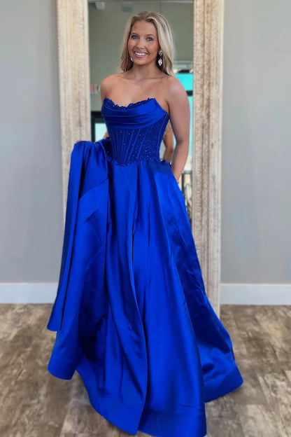 Royal Blue Satin Gown With Strapless Glitter Bodice A-Line Silhouette Prom Dress AD728