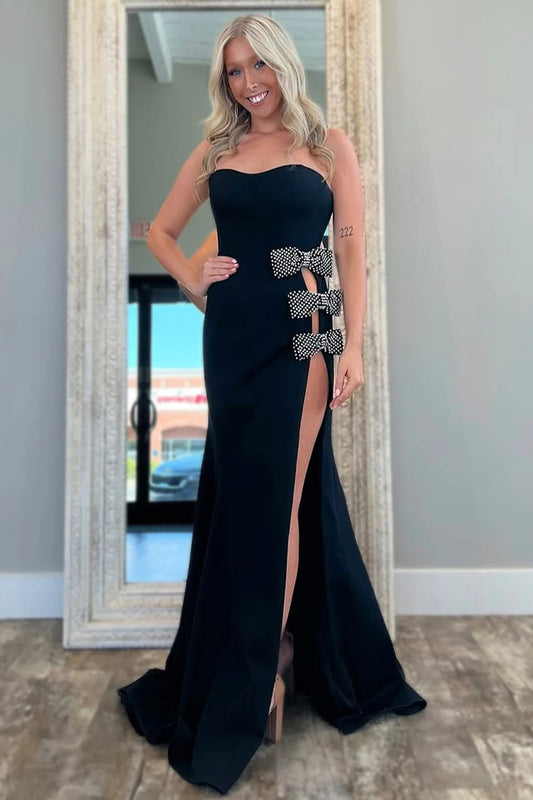 Black Mermaid Gown With Strapless Neckline And Dramatic Slit Prom Dress AD730