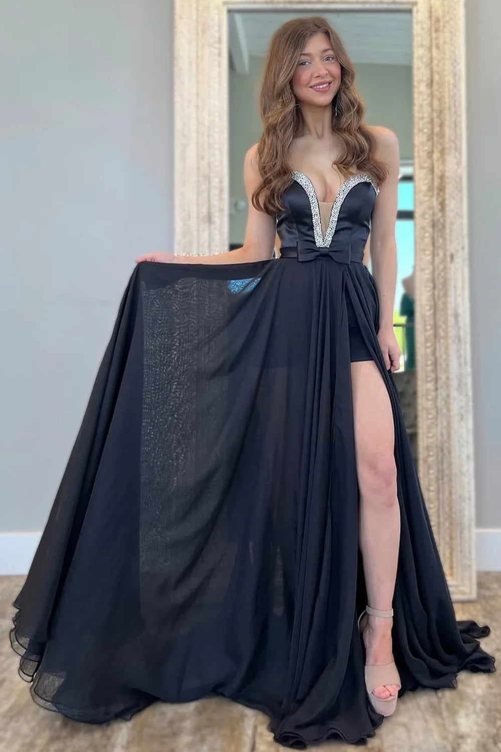 Black Chiffon Gown With Deep V Neckline And Sparkling Beaded Slit Prom Dress AD731