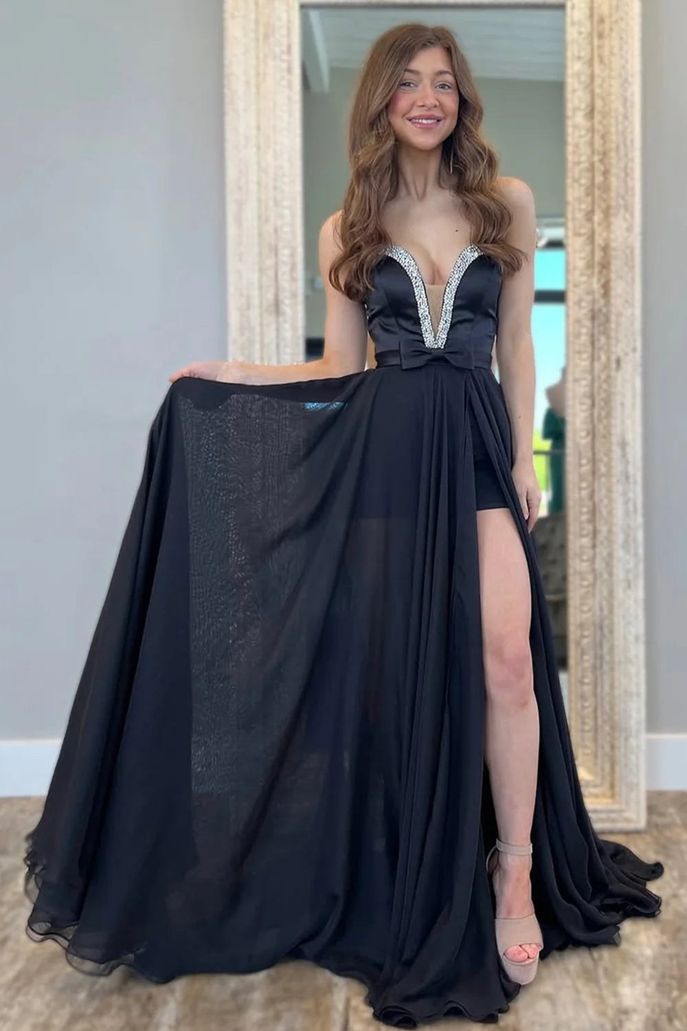 Black Chiffon Gown With Deep V Neckline And Sparkling Beaded Slit Prom Dress AD731