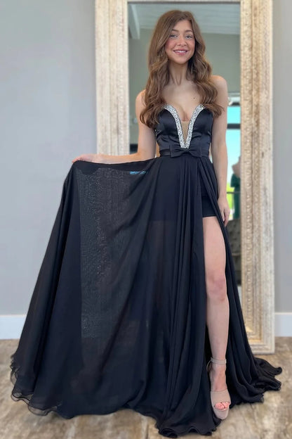 Black Chiffon Gown With Deep V Neckline And Sparkling Beaded Slit Prom Dress AD731