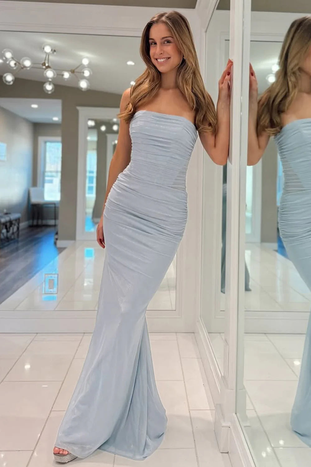 Light Blue Mermaid Gown With Metallic Shine And Pleated Details Prom Dress AD733