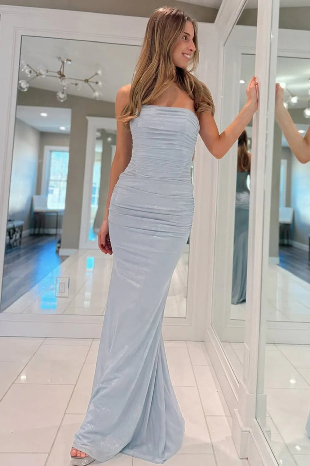 Light Blue Mermaid Gown With Metallic Shine And Pleated Details Prom Dress AD733