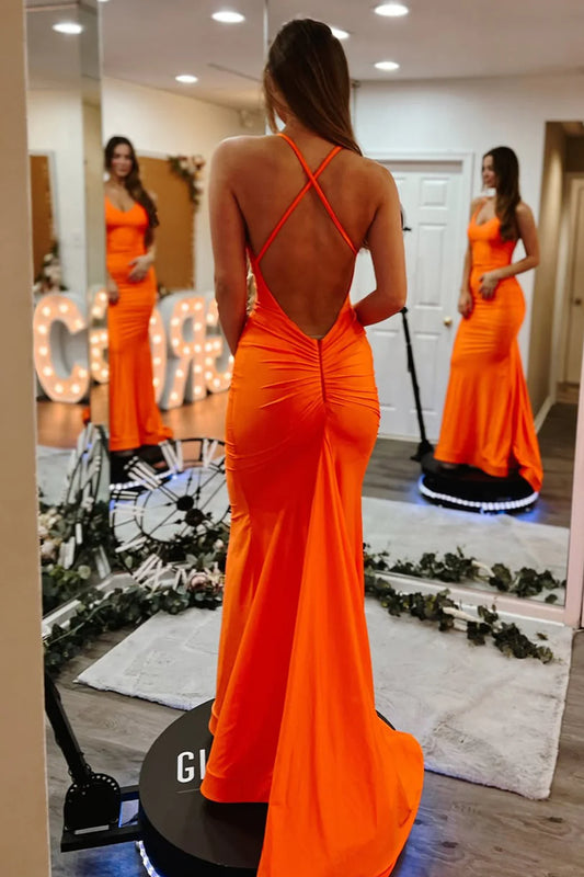 Sleek Orange Mermaid Gown With Criss Cross Back And Smooth Satin Finish Prom Dress AD734