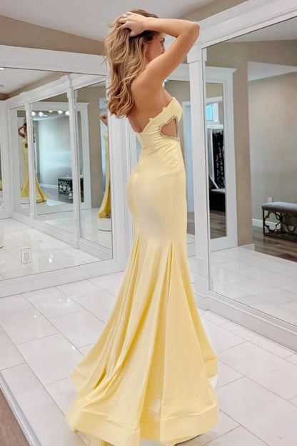 Dazzling Yellow Mermaid Strapless Dress With Flowing Slit Prom Dress AD735