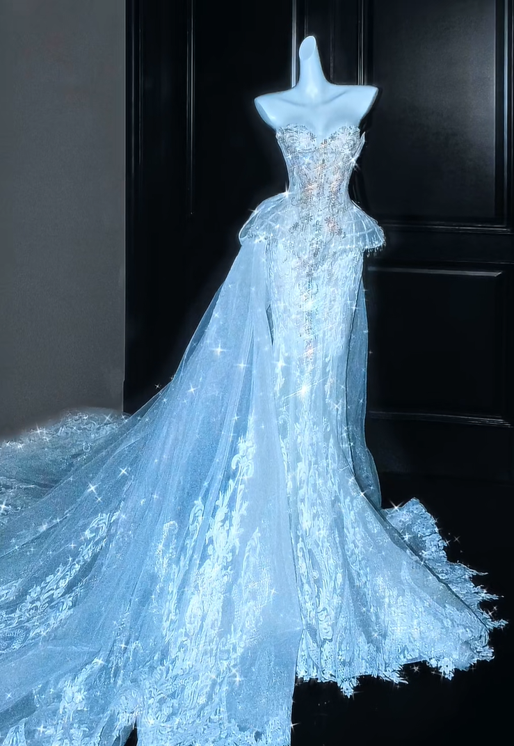 Elegant Glitter Light Blue Sweetheart Mermaid Prom Dress With Beaded Corset Bodice And Oversized Tulle Train AD740