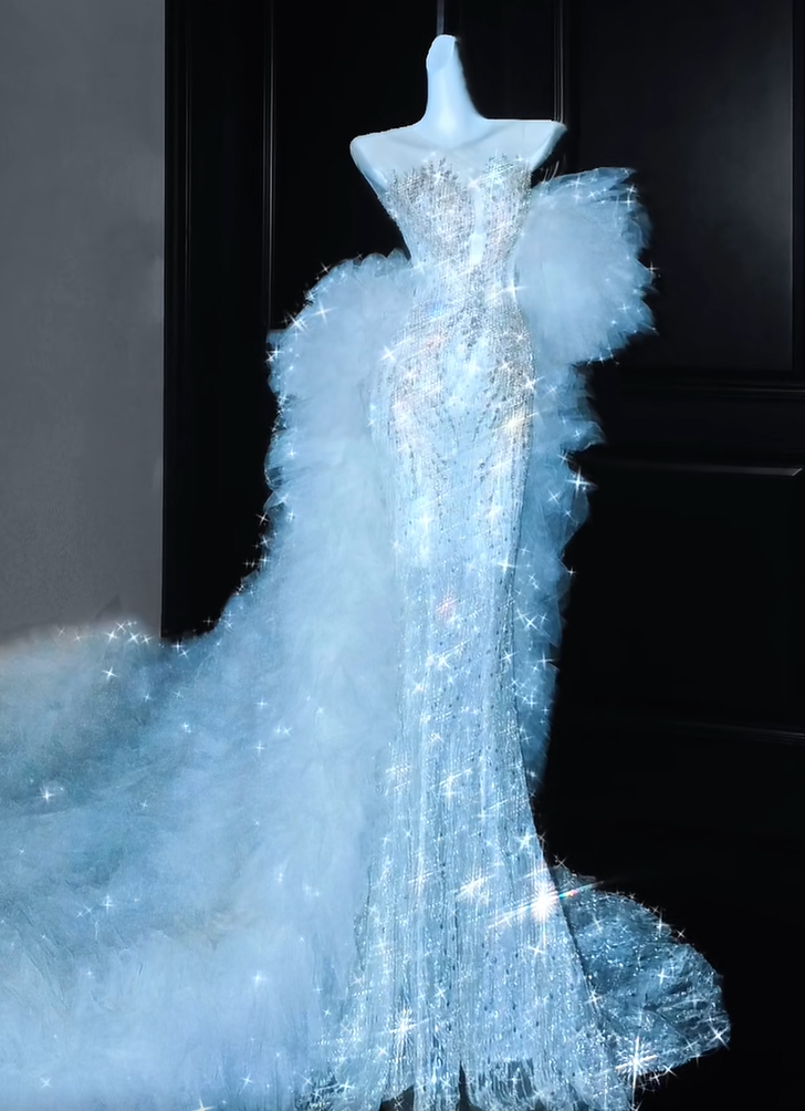 Dreamy Ice Blue Strapless Glitter Sequin Corset Prom Dress With Oversized Fluffy Tulle Trail AD741
