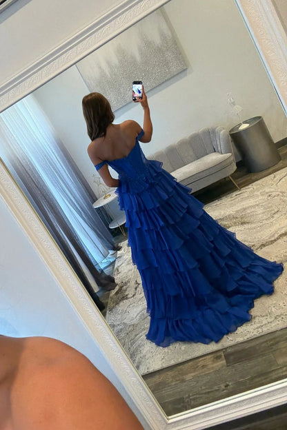 Royal Blue Off Shoulder Sweetheart Prom Dress With Beaded Illusion Bodice And Layered Ruffle Slit Skirt AD743