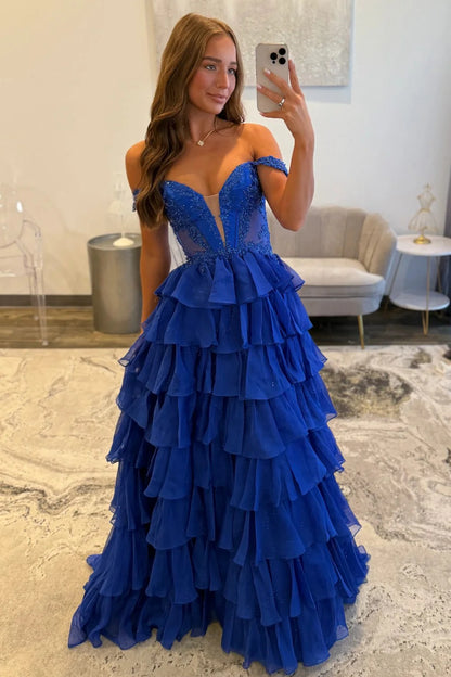 Royal Blue Off Shoulder Sweetheart Prom Dress With Beaded Illusion Bodice And Layered Ruffle Slit Skirt AD743