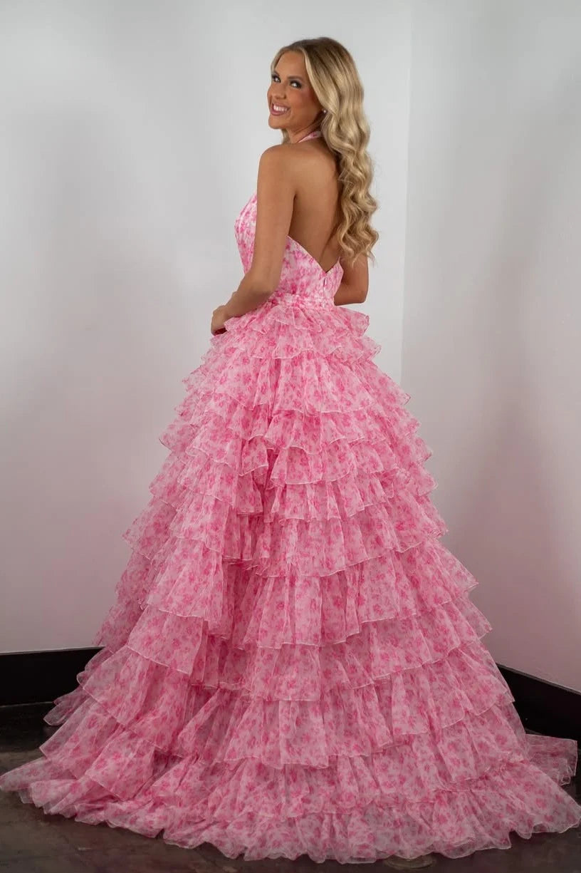 Princess A Line Halter Neck Pink Printed Tulle Long Prom Dress With Ruffles AD744
