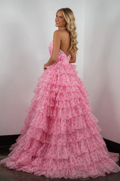 Princess A Line Halter Neck Pink Printed Tulle Long Prom Dress With Ruffles AD744