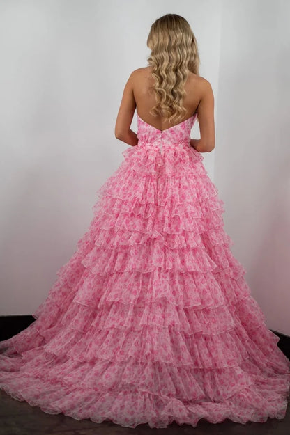 Princess A Line Halter Neck Pink Printed Tulle Long Prom Dress With Ruffles AD744