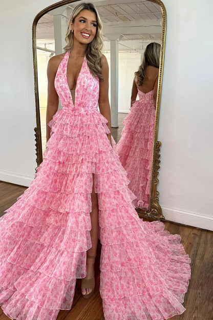 Princess A Line Halter Neck Pink Printed Tulle Long Prom Dress With Ruffles AD744