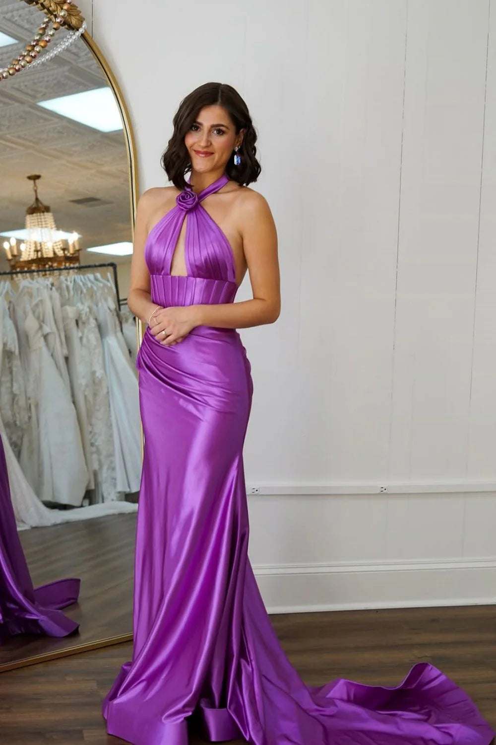 Sweety Mermaid Halter Neck Mint Green Long Prom Dress With Keyhole 3D Flower AD745