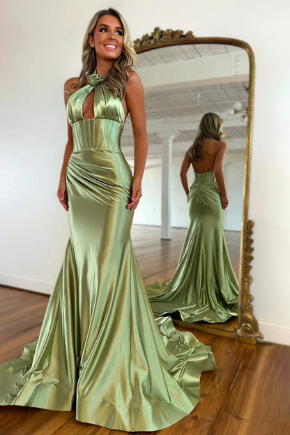 Sweety Mermaid Halter Neck Mint Green Long Prom Dress With Keyhole 3D Flower AD745
