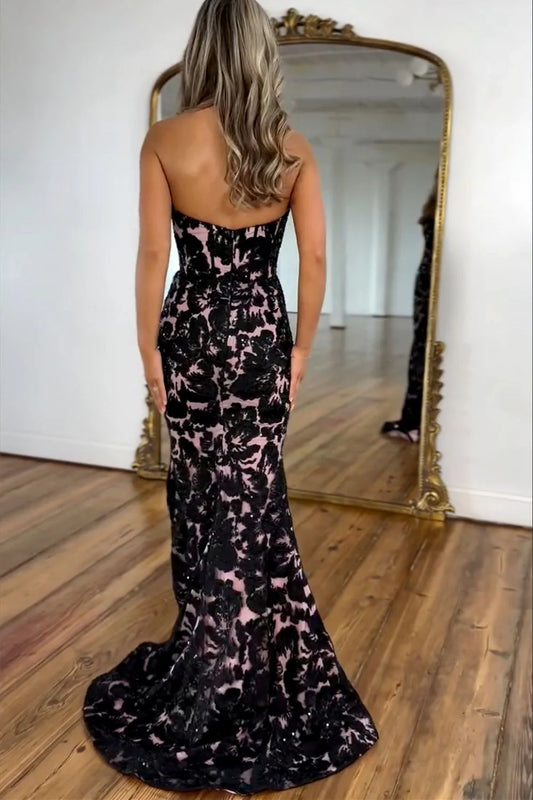 Gorgeous Mermaid Sweetheart Black Long Prom Dress With Appliques Slit AD747