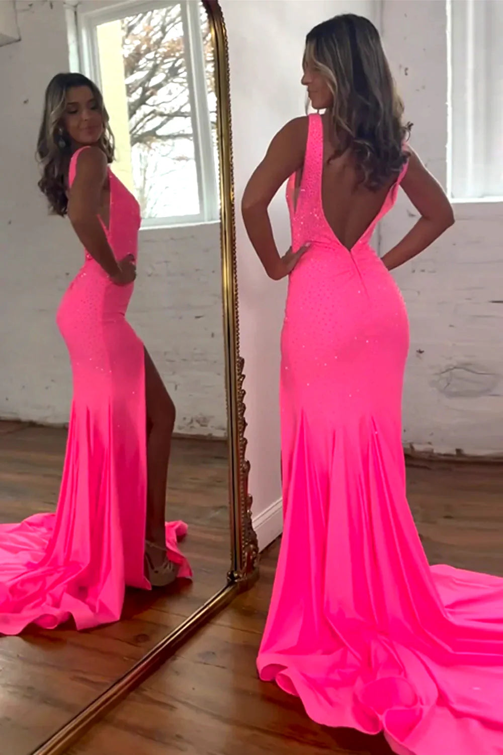 Glitter Pink Mermaid Prom Dress With V Neckline Beaded Embellishment And Sweep Train AD748