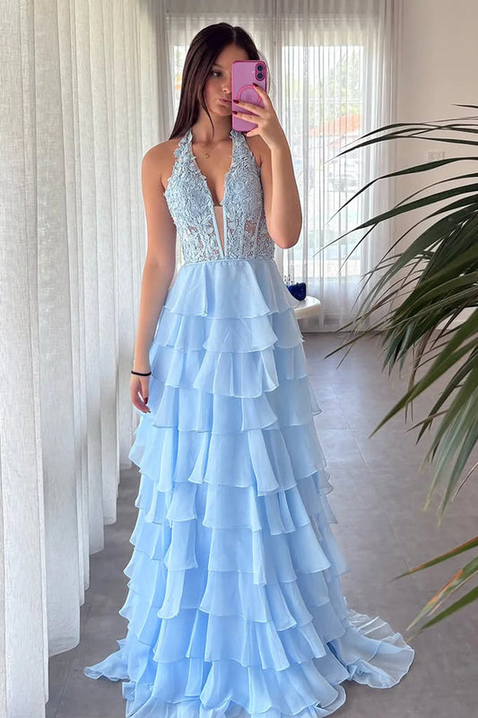 Blue Chiffon Prom Dress With A Line Shape Lace Top Halter Neck And Slit Accent AD749