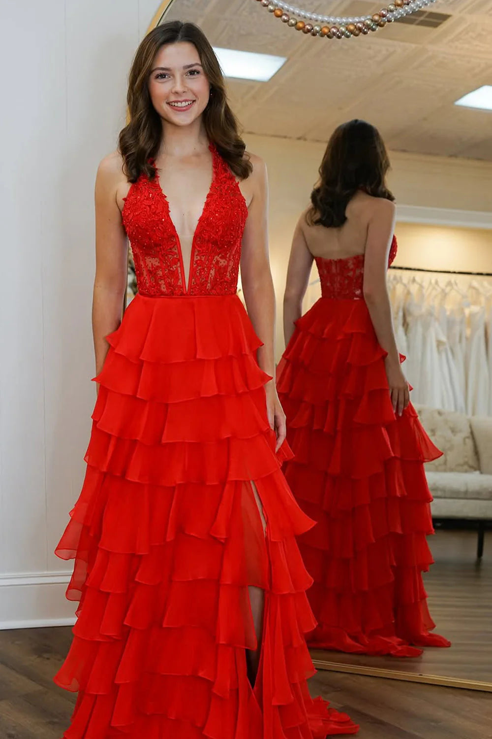 Blue Chiffon Prom Dress With A Line Shape Lace Top Halter Neck And Slit Accent AD749