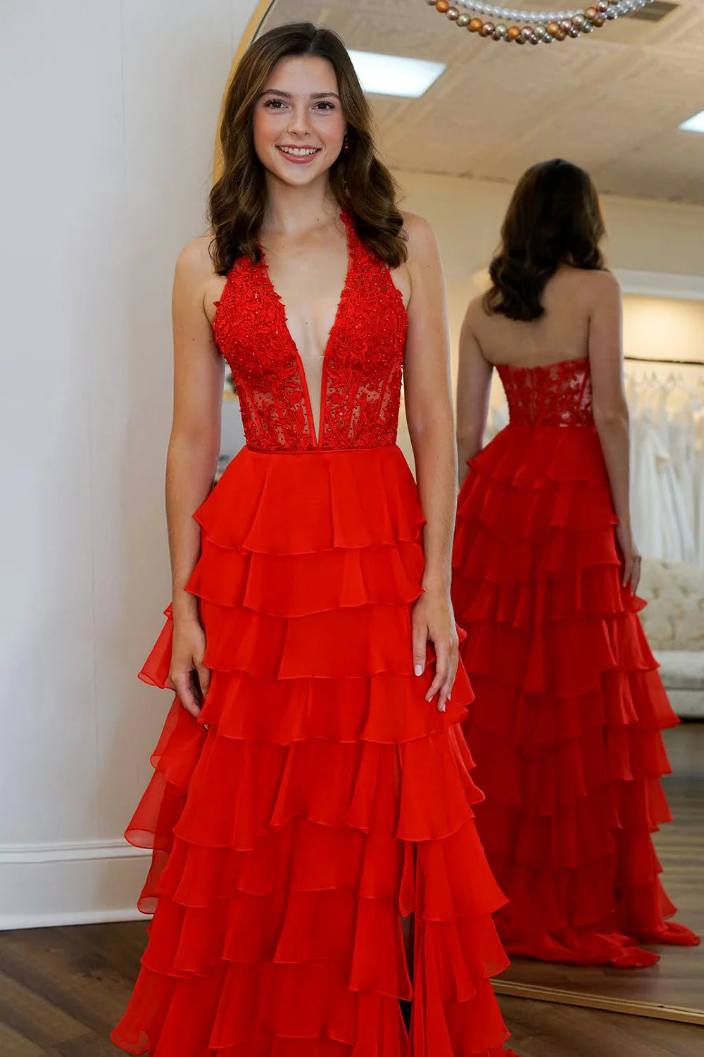 Blue Chiffon Prom Dress With A Line Shape Lace Top Halter Neck And Slit Accent AD749