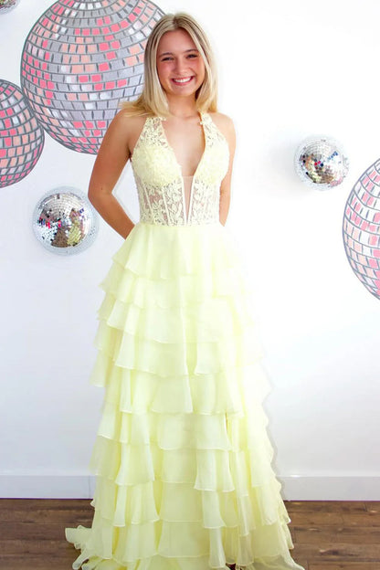 Blue Chiffon Prom Dress With A Line Shape Lace Top Halter Neck And Slit Accent AD749