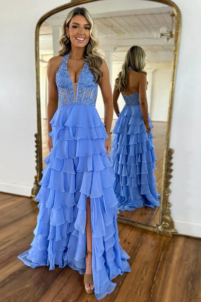 Blue Chiffon Prom Dress With A Line Shape Lace Top Halter Neck And Slit Accent AD749