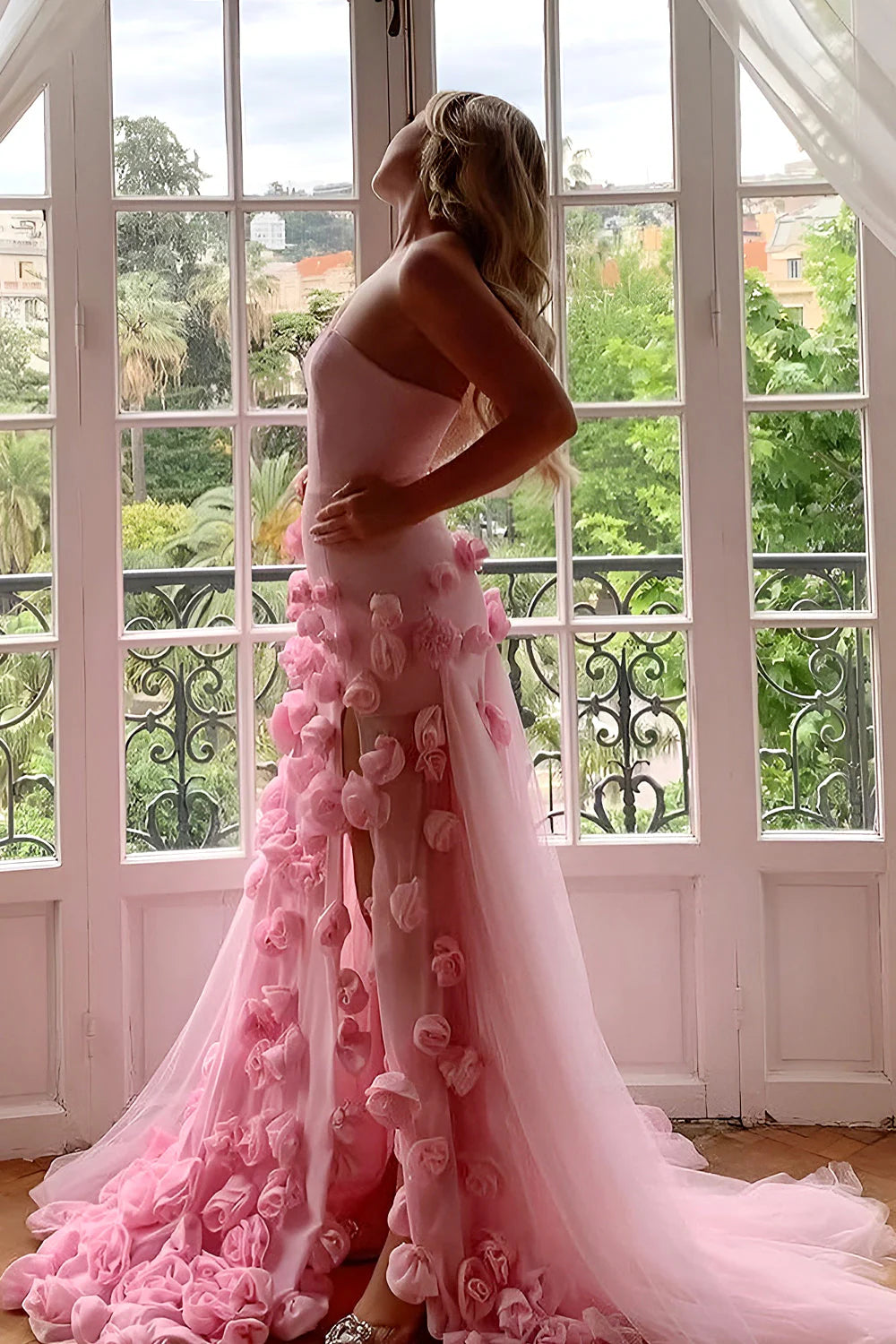 Romantic Pink Mermaid Prom Dress With Sweetheart Bodice 3D Flowers And Thigh Slit AD750
