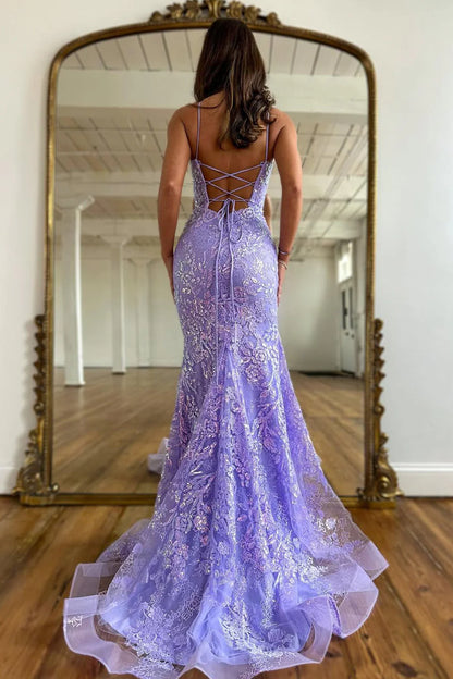Exquisite Lilac Long Prom Dress With Spaghetti Straps Lace Up Closure And Appliques AD751