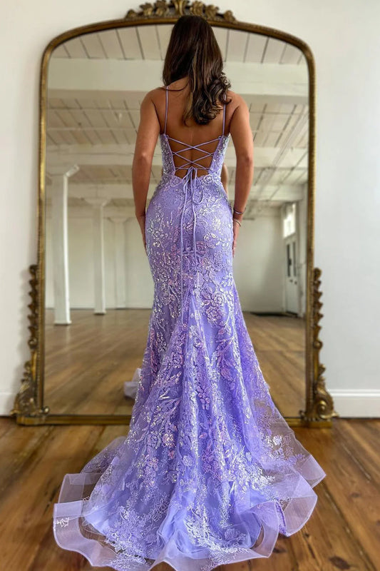 Exquisite Lilac Long Prom Dress With Spaghetti Straps Lace Up Closure And Appliques AD751